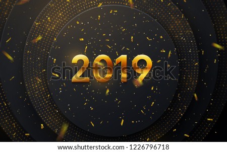Happy New 2019 Year. Holiday vector illustration of golden metallic numbers 2019, glitters and confetti on black paper shapes background. New year 3d sign. Festive poster or banner design