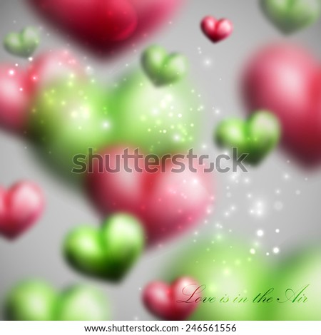 vector holiday illustration of flying blurred multicolored hearts. Happy Valentines Day or wedding background
