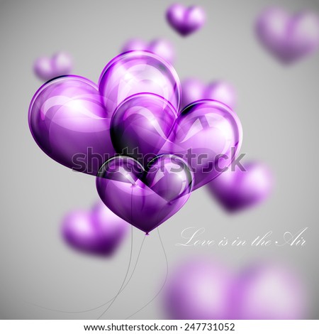 Vector holiday illustration of flying bunch of violet balloon hearts. Valentines Day or wedding background. Love is in the Air