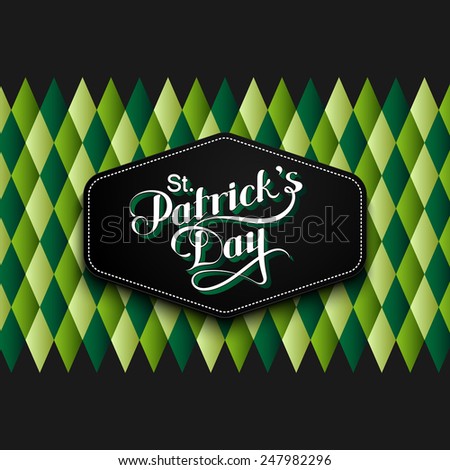 vector typographical illustration of handwritten Saint Patrick\'s Day label on the holiday background of flying green balloon hearts and shiny burst or explosion.  holiday lettering composition