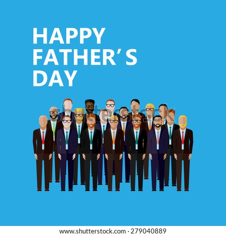 vector holiday illustration of Happy Fathers Day postcard with group of men in flat style