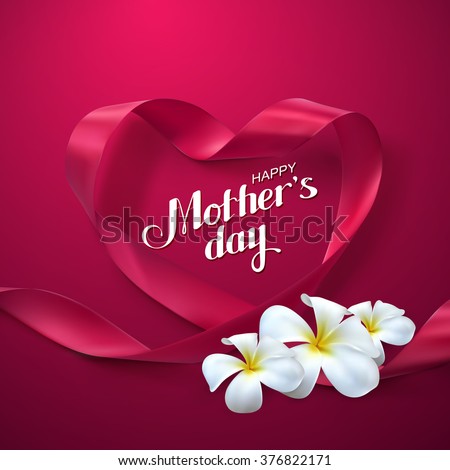 Happy Mothers Day. Vector Festive Holiday Illustration With Lettering And Pink Ribbon Heart And Flowers