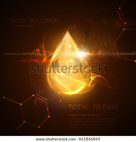 Collagen serum or oil essence golden droplet with particles and lens flare light effect. Vector beauty illustration of clinically tested innovative product. Cosmetic skin or hair care treatment design