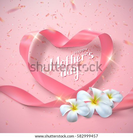 Happy Mothers Day. Vector Festive Holiday Illustration With Lettering, Pink Ribbon Heart, Flowers And Sparkling Confetti Glitters