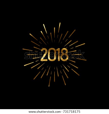 Happy 2018 New Year. Holiday Vector Illustration With Lettering And Burst Or Light Rays. Golden Textured Happy New Year Label