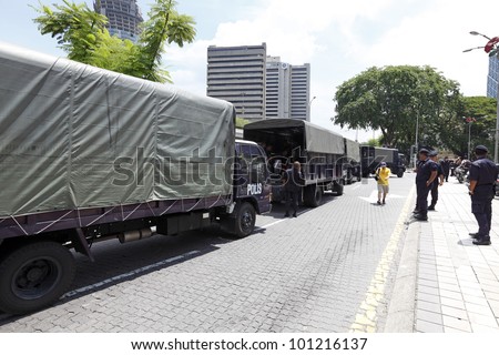 KUALA LUMPUR, MALAYSIA - APRIL 28: Police truck at the protest rally organized by the coalition for clean and fair election in Dataran Merdeka on April 28, 2012 in Jln Parlimen, Kuala Lumpur, Malaysia