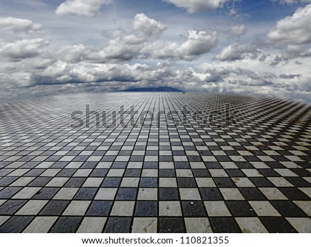 A surreal fantasy landscape of a vast checker matrix with mountains and clouds in the horizon.
