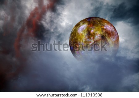 Universe of stars in a golden orb floating in a swirling surreal cosmic cloud. Elements of this image furnished by NASA.