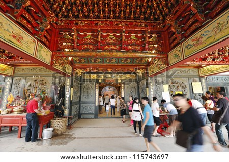 AMPANG, MALAYSIA - OCTOBER 15: Facade of the ornate entrance of the Nine Emperor God Temple on October 15, 2012 in Ampang Malaysia. Taoist  devotee welcome the god on the eve of the 9th lunar calendar