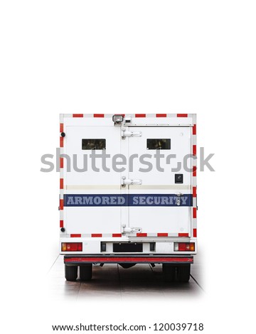 The back of an armored security vehicle isolated against white.
