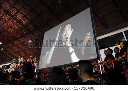 PETALING JAYA, MALAYSIA - MAY 8: Rafizi Ramli on a projector screen at a political rally against Malaysia 13th general election vote result on May 8, 2013 in Stadium MBPJ, Petaling Jaya, Malaysia.