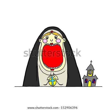 Cartoon of a young Catholic nun with a wide open mouth with blank space for text.