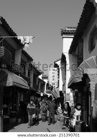 TONGLI, CHINA - JANUARY 2, 2015: Tourists along a small alley in the ancient town of Tongli, China. The town is placed under China National Key Cultural Relic Protection Unit.
