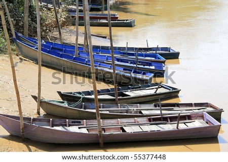An image of the sampan, a rural transportation system, moored to a riverbank.