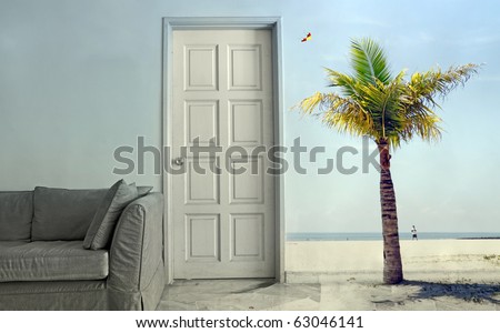 An image projection of a beach scenery in a residential living room.