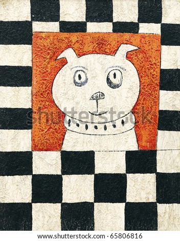 Original acrylic art painting on canvas of a cute dog with checkers border.