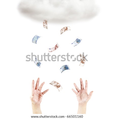 An isolated cutout of a pair of female hand reaching out to a rain cloud raining Euro currency notes.