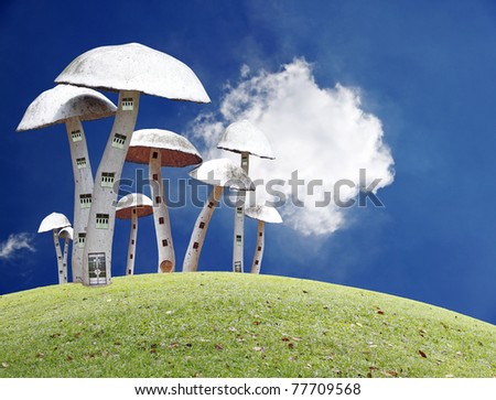 A fantasy of elves community living in mushroom building on top of a green grassy hill in a serene peaceful fairy tale world.