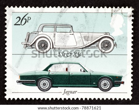 GREAT BRITAIN - CIRCA 1982: Stamp printed in Great Britain showing the Jaguar motor vehicle model SS1 and XJ6 to commemorate the British Motor Industry, circa 1982.