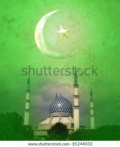 A crescent moon with a star over the Shah Alam Mosque in Malaysia, with tall minaret and exotic onion dome against a grungy Islamic green texture background for ramadan and Eid Fitr celebration.
