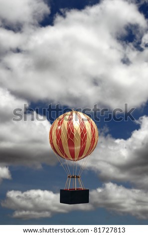 A colorful striped old-fashioned helium balloons taking off against a cloudy blue summer sky with copyspace for text.