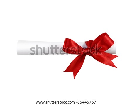 A paper certificate scroll tied with a red ribbon bow isolated against white.