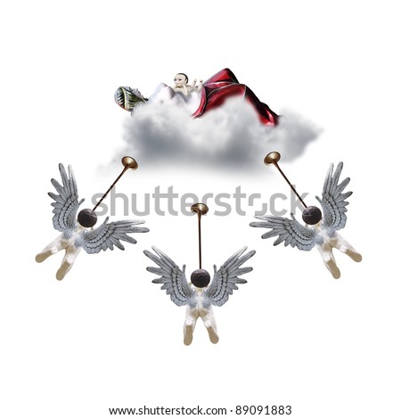 Cute baby angels blowing trumpet to hail the arrival of young Jesus Christ child and his Mother Mary floating on a cloud isolated against white.