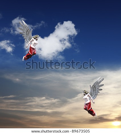 Two sensual fairy flying in a surreal cloudy sky of a fairy tale world where the sunset meets a morning sky.