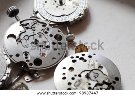 Closeup image of vintage mechanical innards of old watches.