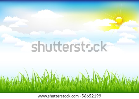 Beautiful Landscape With Green Grass And Blue Sky, Clouds And Sun