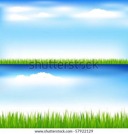 2 Beautiful Landscapes With Green Grass And Blue Sky With Clouds