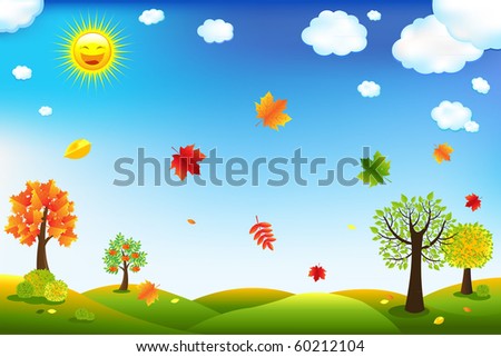Autumn Cartoon Landscape With Trees And Leaves, Vector Illustration