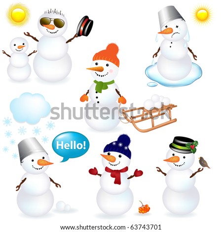 7 Cartoon Snowman, Isolated On White Background, Vector Illustration