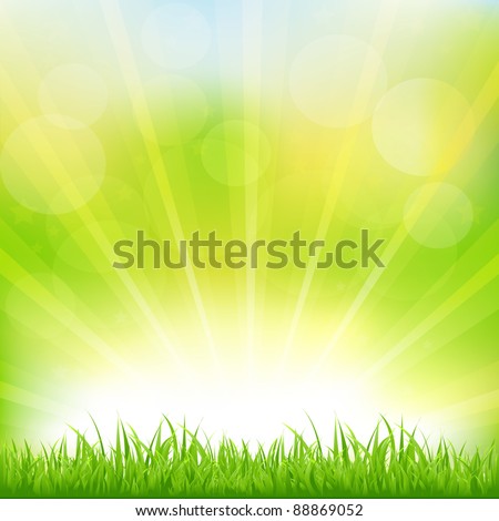 Green Background With Green Grass And Sunburst Vector Illustration Green Background With Green Grass And Sunburst Vector Illustration