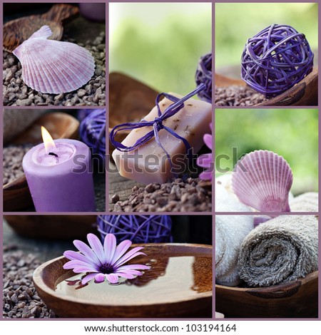 Spa series. Collage of wellness products.  Soap, candles, flower, shell and towels in natural dayspa setting.
