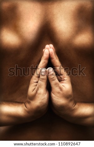 Yoga concept background with reversed namaste pose. Hands in namaste position