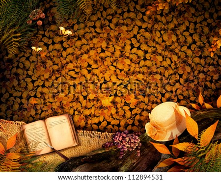 Autumn season concept design. Fall background with text in beautiful yellow forest. Vintage design with autumn fruit, mushrooms, leaves and book diary.