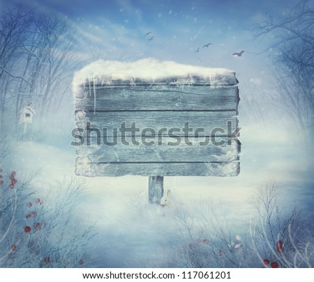 Winter design background - Christmas valley with sign for copyspace. Wooden sign in snow valley with woods,  tree, rabbit, holly and bird. Space for your winter text. Winter background