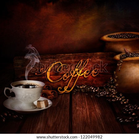 Food design - Coffee warehouse. Coffee cup with black coffee and sacks of coffee in the background. Coffee type on wooden background.