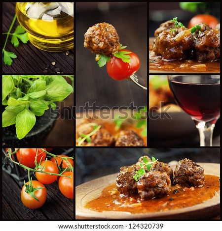 Food Series. Italian Food Collage With Meat Balls And Ingredients: Fresh Tomatoes, Basil, Olive Oil And Red Wine.