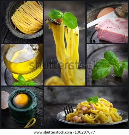 Restaurant series. Collage of fresh Pasta carbonara.  Fresh ingredients - homemade egg pasta, ham, basil in vintage setting