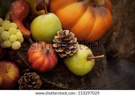 Autumn Nature. Fall Fruit On Wood. Thanksgiving. Pumpkins, Apples,Grapes, Courgettes And Pears
