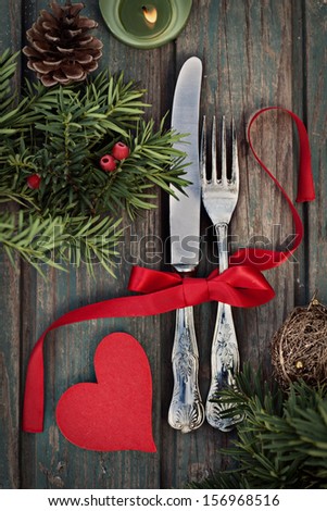 Christmas Background With Rustic Ornaments And Fir Tree. Xmas Vintage Concept. Christmas Dinner