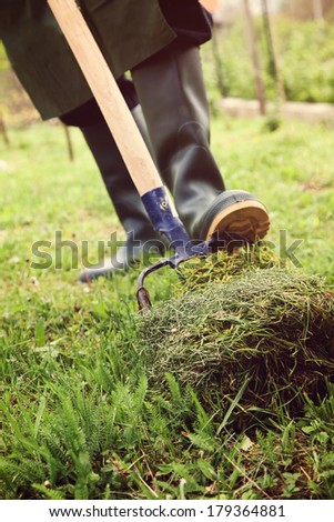 Spring gardeing concept. Male is doing garden work with hay fork. Garden work