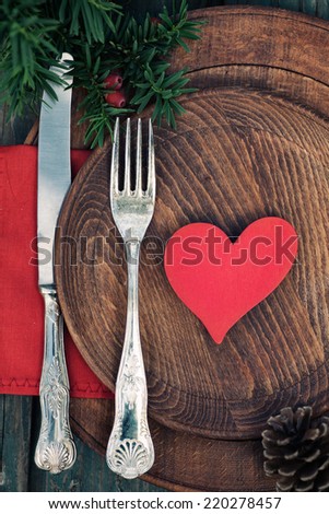 Christmas background with rustic ornaments and fir tree. Xmas vintage concept. Christmas dinner