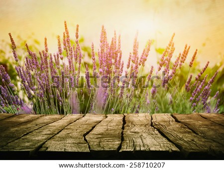 Wooden table with lavender. Wood tabletop with flowers
