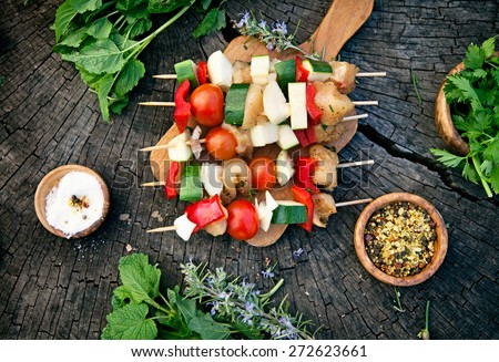 BBQ barbecue ingredients. Marinated BBQ meat. Marinated grill chicken and kebab. Vegetables and meat for barbecue