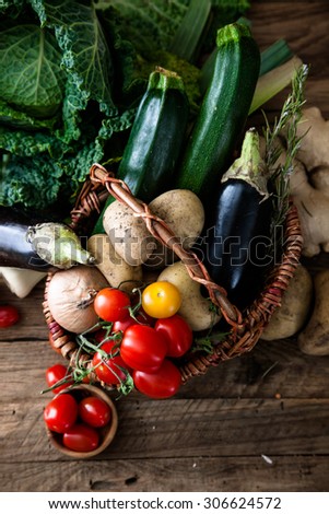 Vegetables on wood. Bio Healthy food, herbs and spices. Organic vegetables on wood