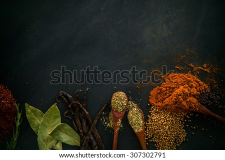 Spices and herbs. Variety of spices and mediterranean herbs. Food background