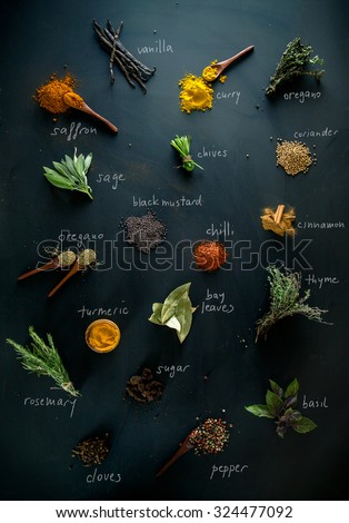 Spices and herbs. Variety of spices and mediterranean herbs. Spices with names